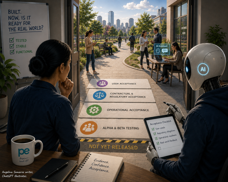 Acceptance testing before release, showing user, contractual and regulatory, operational, and alpha and beta testing leading towards the real world.