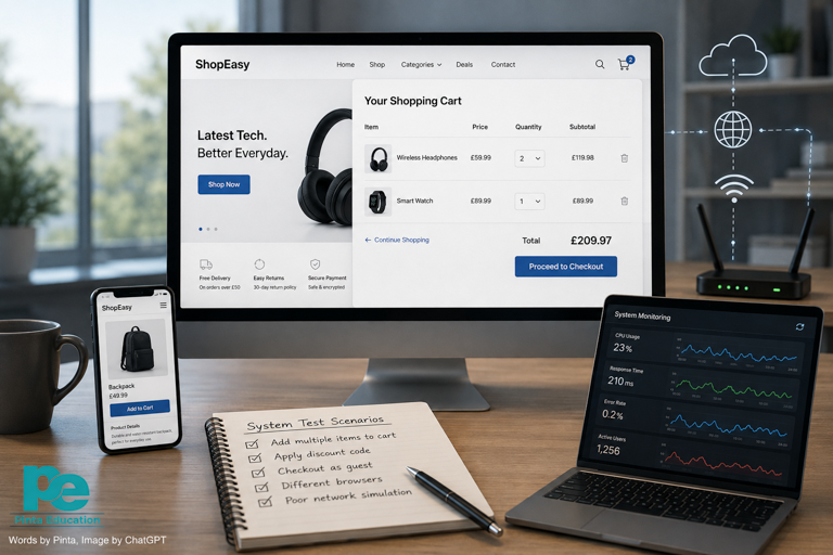 System testing of an online shopping system across desktop and mobile devices, including shopping cart scenarios, system monitoring and simulated network conditions.