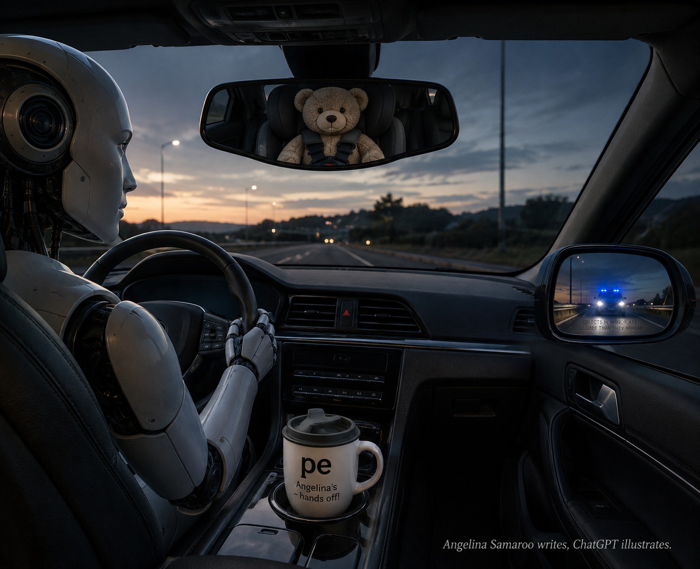 AI driving a teddy bear with blue lights approaching