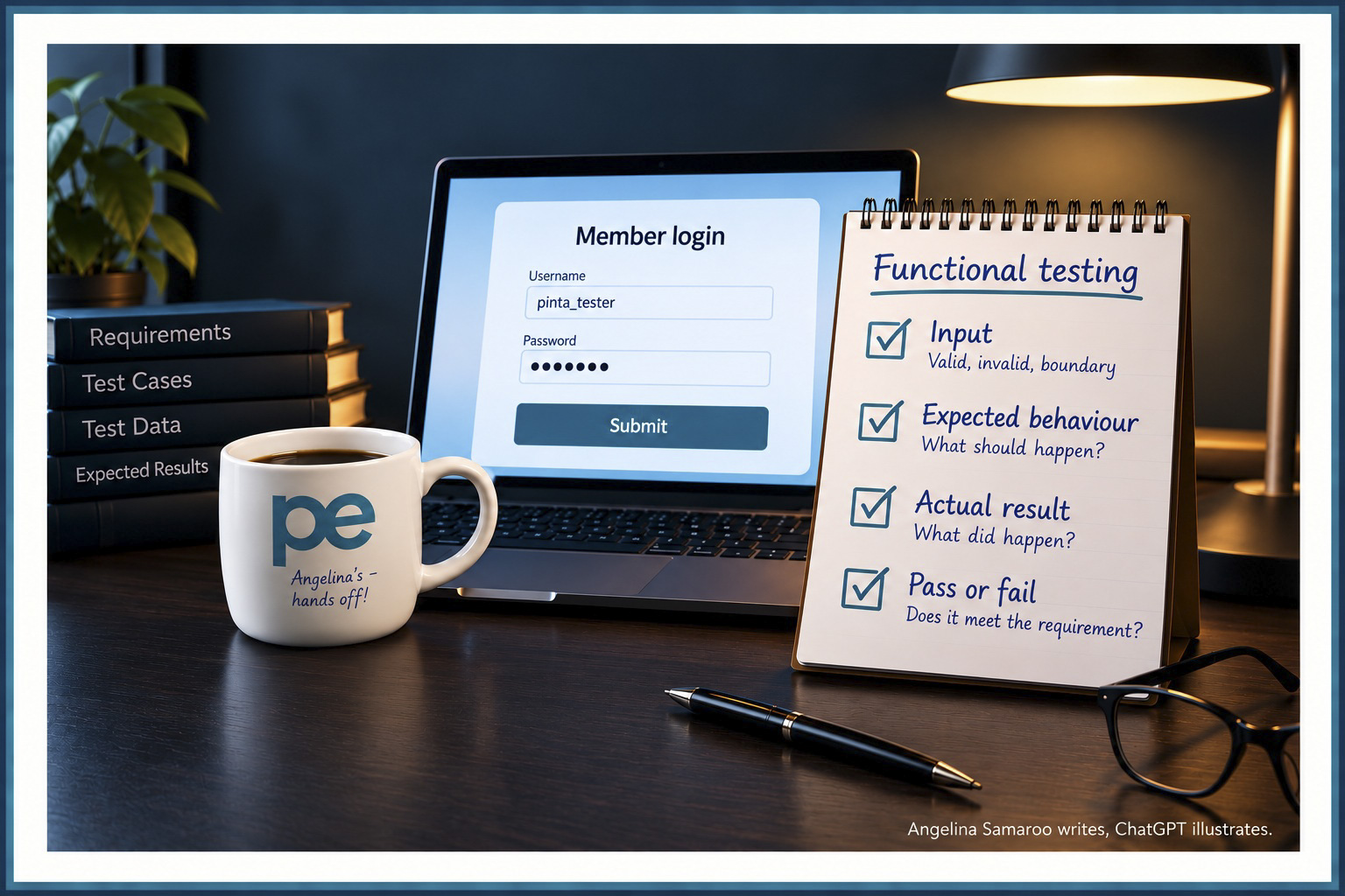 Functional testing illustrated with a login screen, requirements, test data, expected and actual results, and a testing checklist.