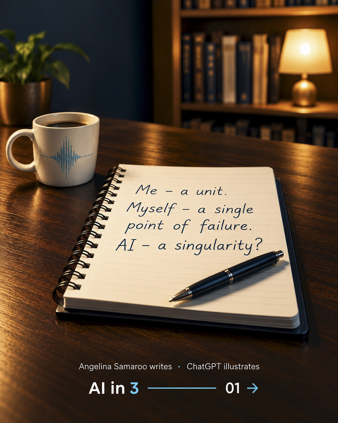 AI in 3: handwritten notes reading “Me - a unit. Myself - a single point of failure. AI - a singularity?” beside an AI monitor.