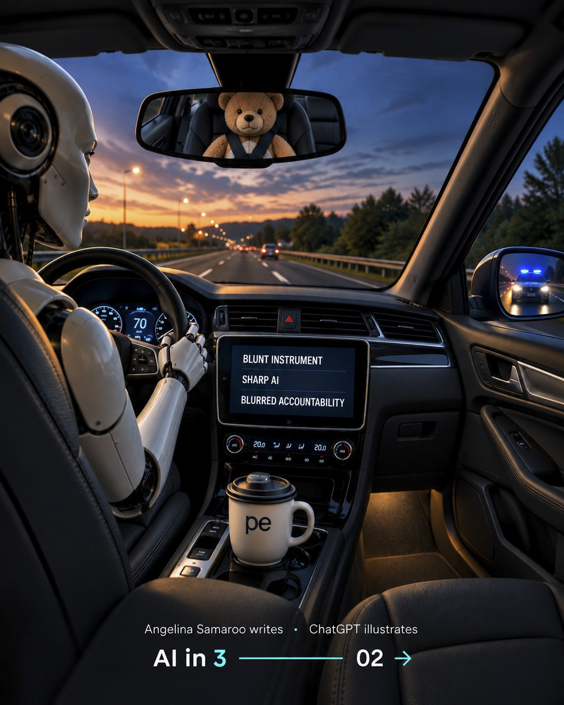 AI driving a teddy bear with blue lights approaching
