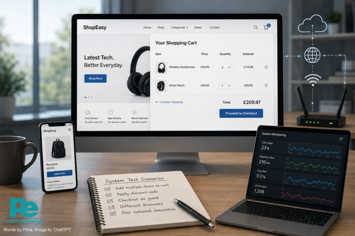 System testing of an online shopping system across desktop and mobile devices, including shopping cart scenarios, system monitoring and simulated network conditions.