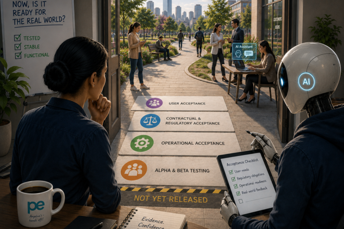 Acceptance testing before release, showing user, contractual and regulatory, operational, and alpha and beta testing leading towards the real world.